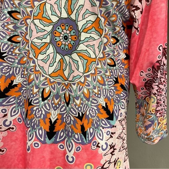 3/4 Sleeve Damask Floral Printed Tunic Dress Bohemian Swing Casual - Picture 4 of 12